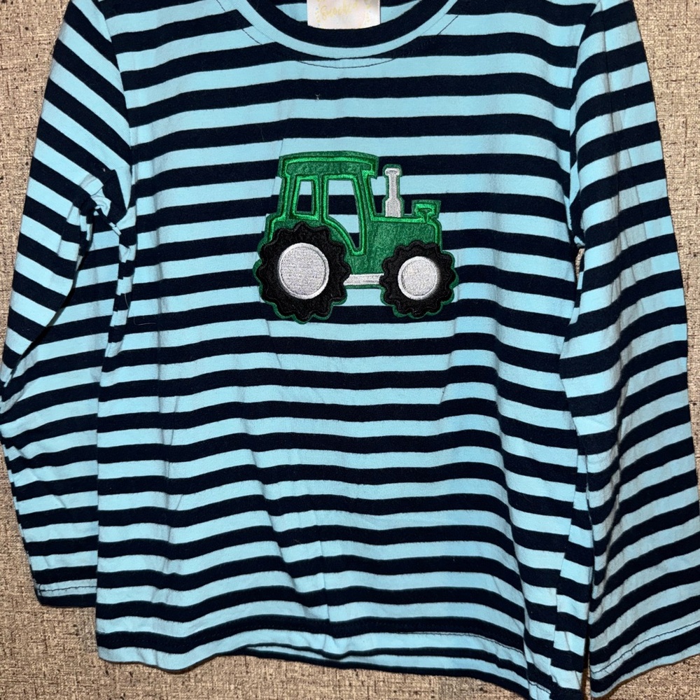 Striped Green Tractor Embroidered Kids Shirt
